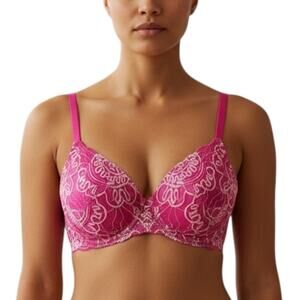 Victoria’s Secret Bra Womens 34C Pink White Underwire Sexy Lace Barbie Coquette